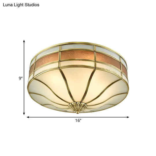 Colonial Brass Drum Ceiling Light With Opaline Glass - 3 Bulb Flush Mount For Bedroom