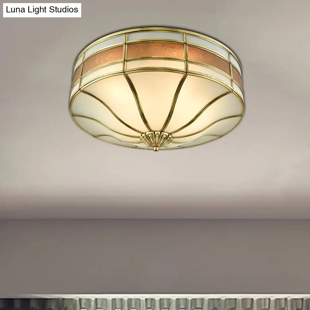 Colonial Brass Drum Ceiling Light With Opaline Glass - 3 Bulb Flush Mount For Bedroom