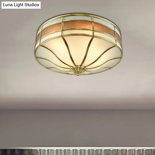 Colonial Brass Drum Ceiling Light With Opaline Glass - 3 Bulb Flush Mount For Bedroom