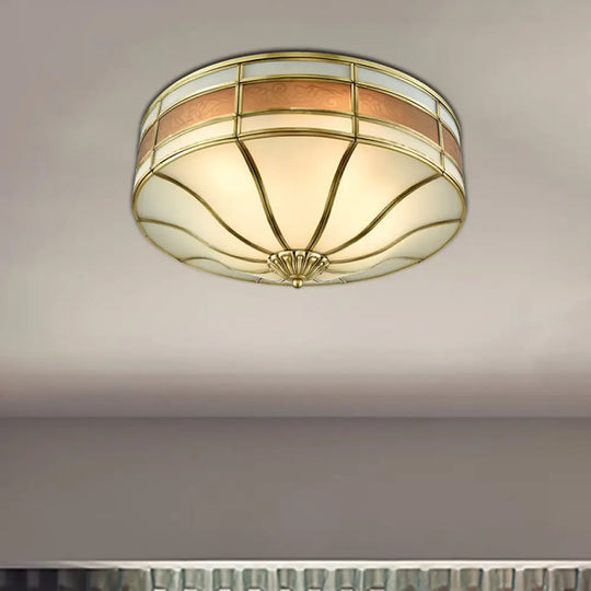 Colonial Brass Drum Ceiling Light With Opaline Glass - 3 Bulb Flush Mount For Bedroom