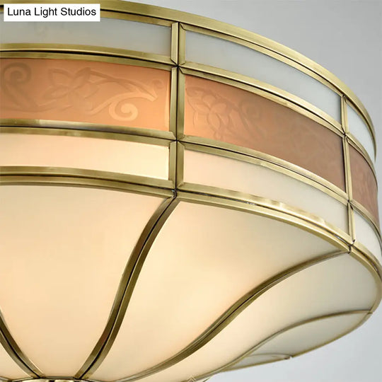 Colonial Brass Drum Ceiling Light With Opaline Glass - 3 Bulb Flush Mount For Bedroom