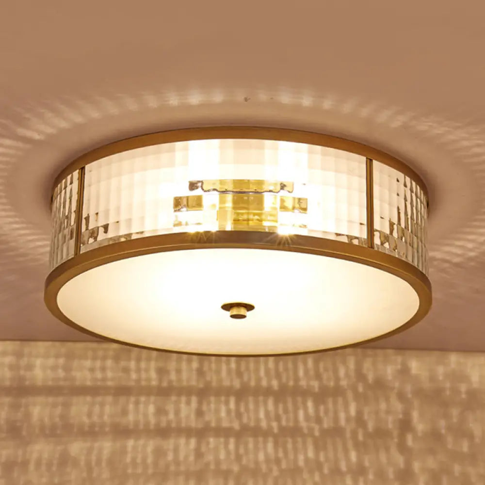 Colonial Brass Drum Ceiling Mount Light Fixture With Frosted Crystal Glass For Bedroom - 3/4/5