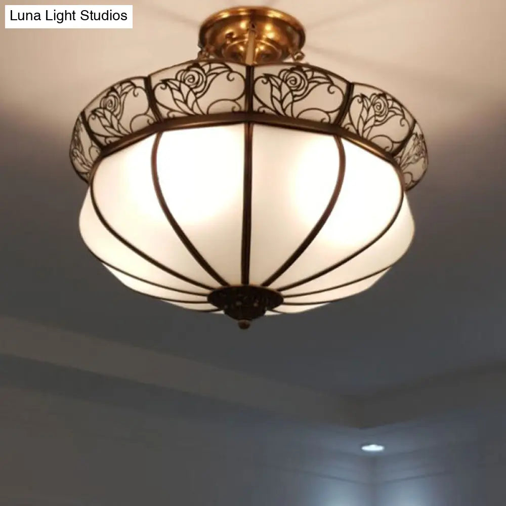 Colonial Brass Flower Semi Flush Lighting With Milky Glass - 5 Lights Bedroom Ceiling Mount