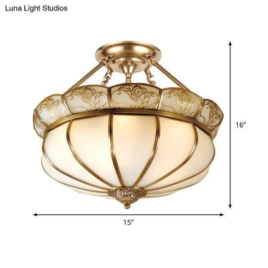 Colonial Brass Flower Semi Flush Lighting With Milky Glass - 5 Lights Bedroom Ceiling Mount