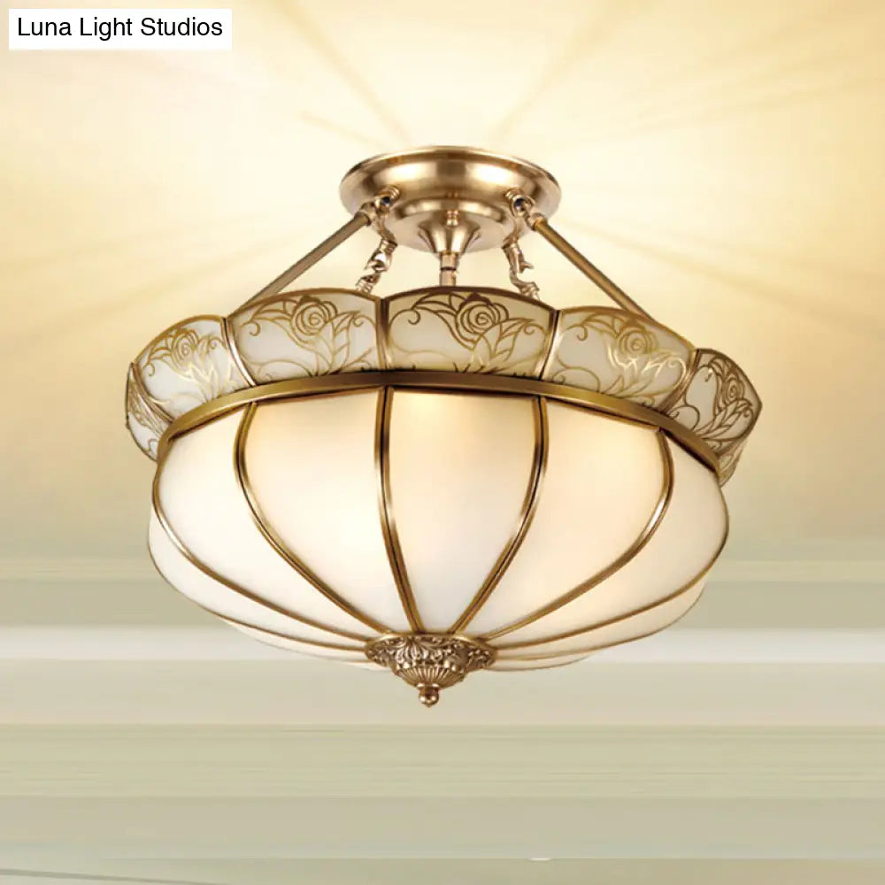Colonial Brass Flower Semi Flush Lighting With Milky Glass - 5 Lights Bedroom Ceiling Mount
