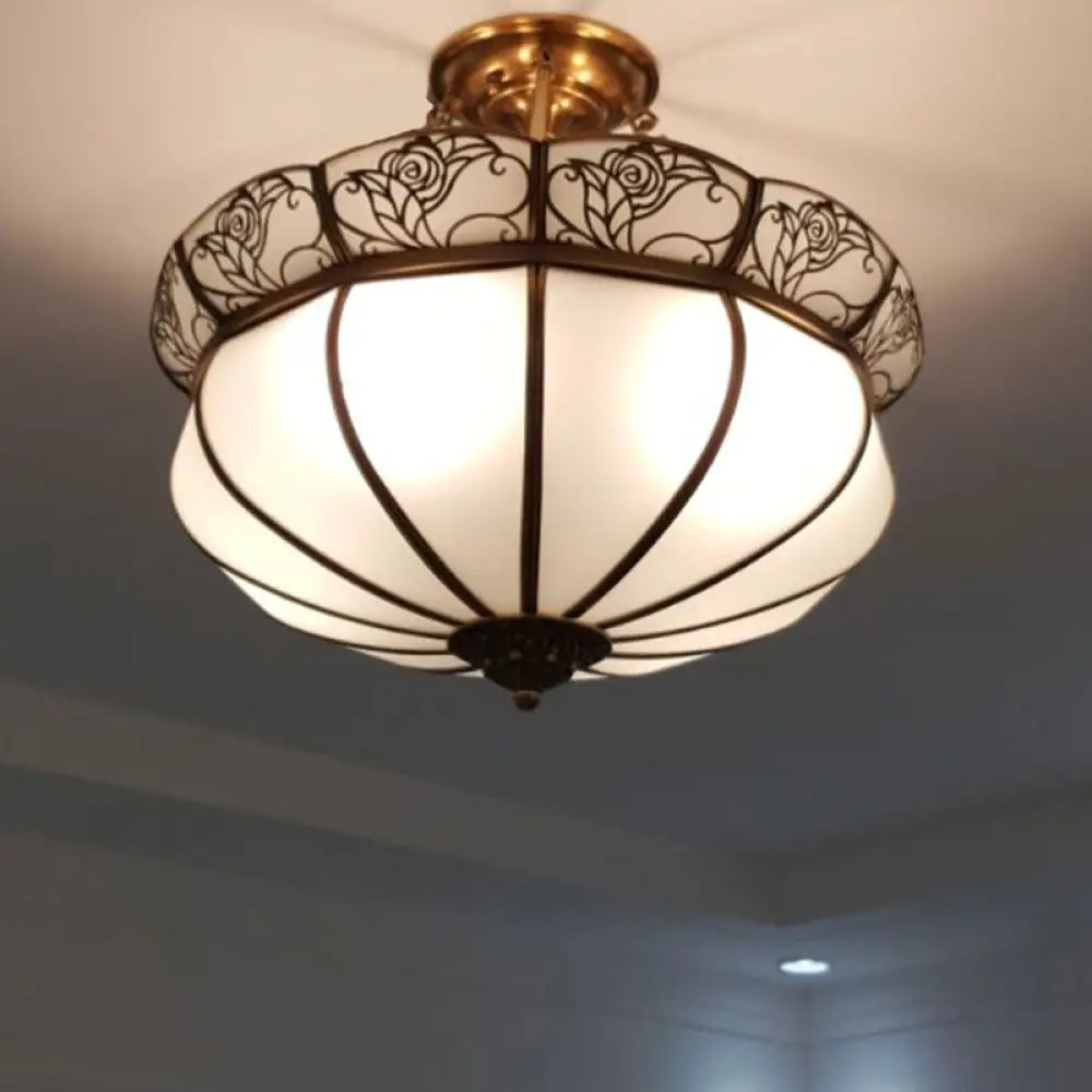 Colonial Brass Flower Semi Flush Lighting With Milky Glass - 5 Lights Bedroom Ceiling Mount