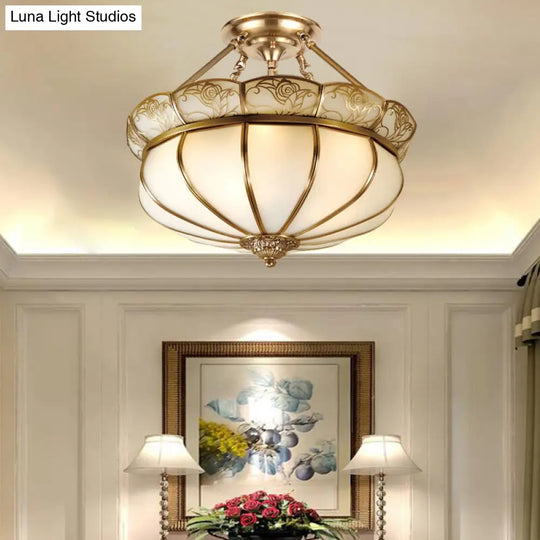 Colonial Brass Flower Semi Flush Lighting With Milky Glass - 5 Lights Bedroom Ceiling Mount