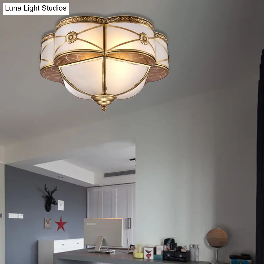 Colonial Brass Flush Mount Lamp With Sandblasted Glass Scalloped Ceiling Light For Living Room