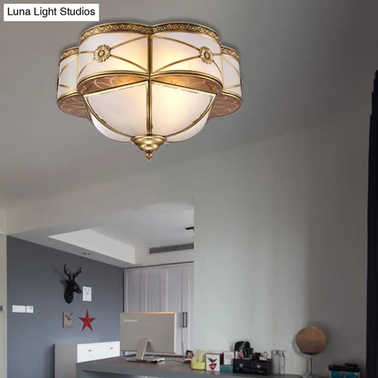 Colonial Brass Flush Mount Lamp With Sandblasted Glass Scalloped Ceiling Light For Living Room