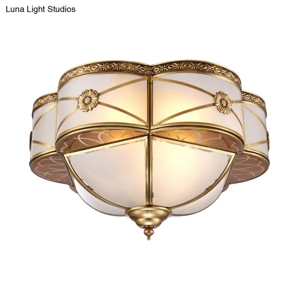 Colonial Brass Flush Mount Lamp With Sandblasted Glass Scalloped Ceiling Light For Living Room