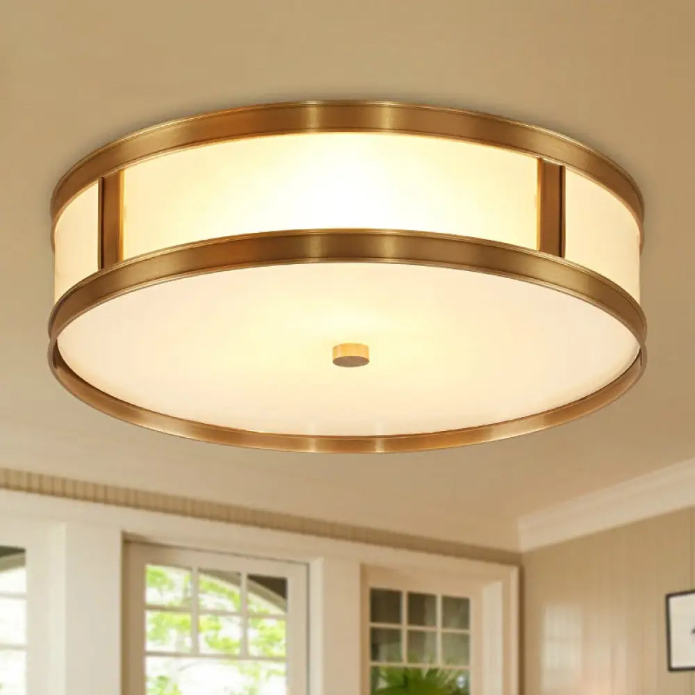 Colonial Brass Flush Mount Light With Opal Glass And 2 Drum Lights