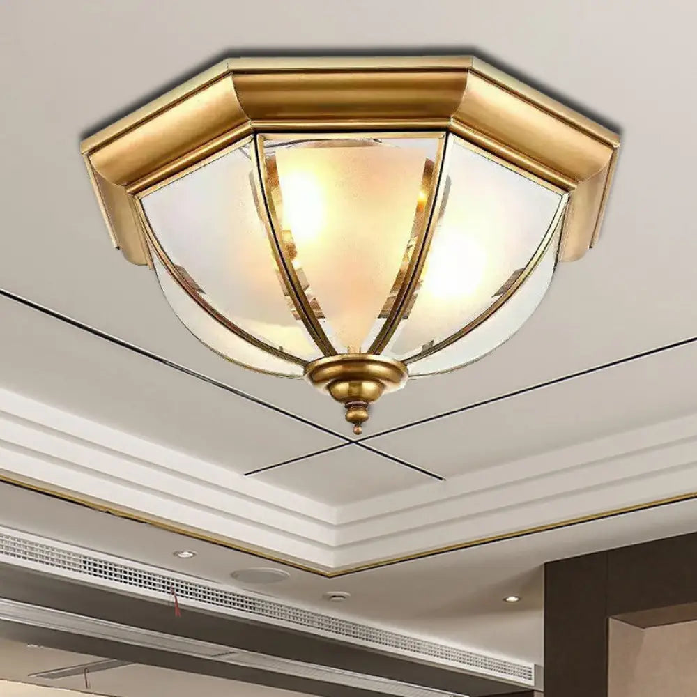 Colonial Brass Flushmount Ceiling Light With Frosted Glass Bowl Shade & 3 Lights