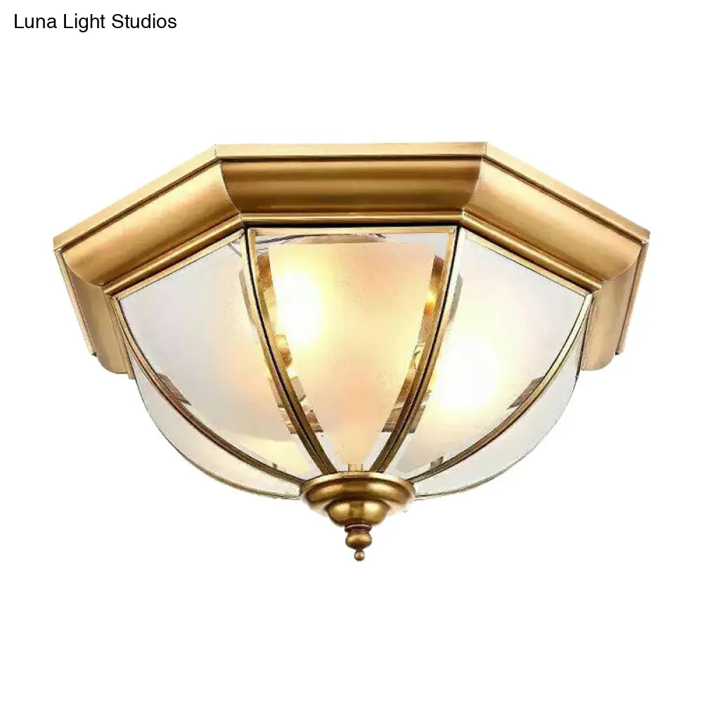 Colonial Brass Flushmount Ceiling Light With Frosted Glass Bowl Shade & 3 Lights