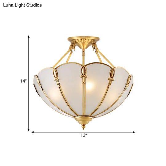 Colonial Brass Satin Opal Glass Semi Flush Mount Lighting For Living Room 3/4 Bulbs Scalloped