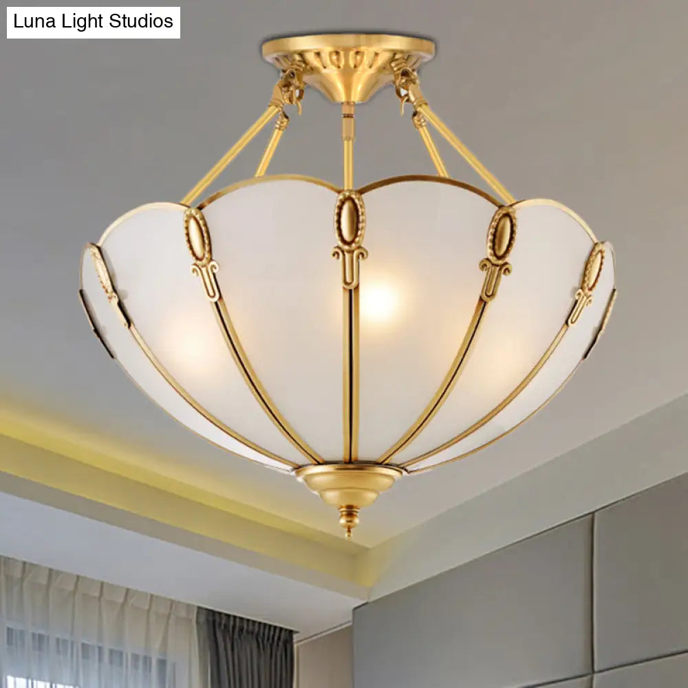 Colonial Brass Satin Opal Glass Semi Flush Mount Lighting For Living Room 3/4 Bulbs Scalloped