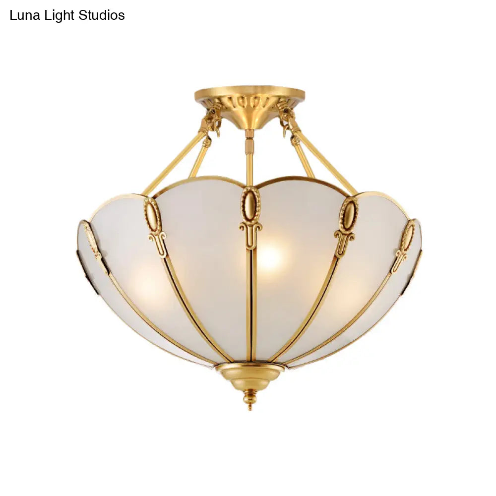 Colonial Brass Satin Opal Glass Semi Flush Mount Lighting For Living Room 3/4 Bulbs Scalloped