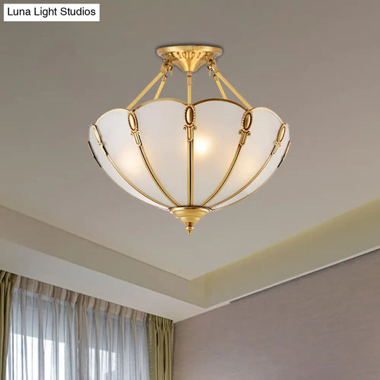 Colonial Brass Satin Opal Glass Semi Flush Mount Lighting For Living Room 3/4 Bulbs Scalloped