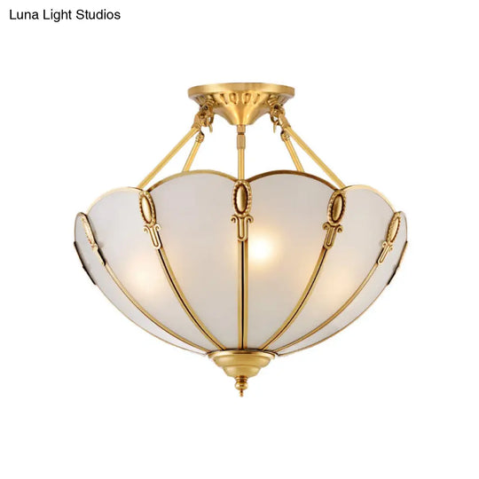 Colonial Brass Satin Opal Glass Semi Flush Mount Lighting For Living Room 3/4 Bulbs Scalloped