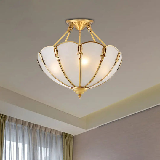 Colonial Brass Satin Opal Glass Semi Flush Mount Lighting For Living Room 3/4 Bulbs Scalloped