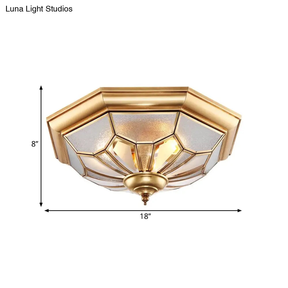 Colonial Brass Seeded Glass Flush Light Fixture For Bedroom - 3 - Bulb Ceiling Mount