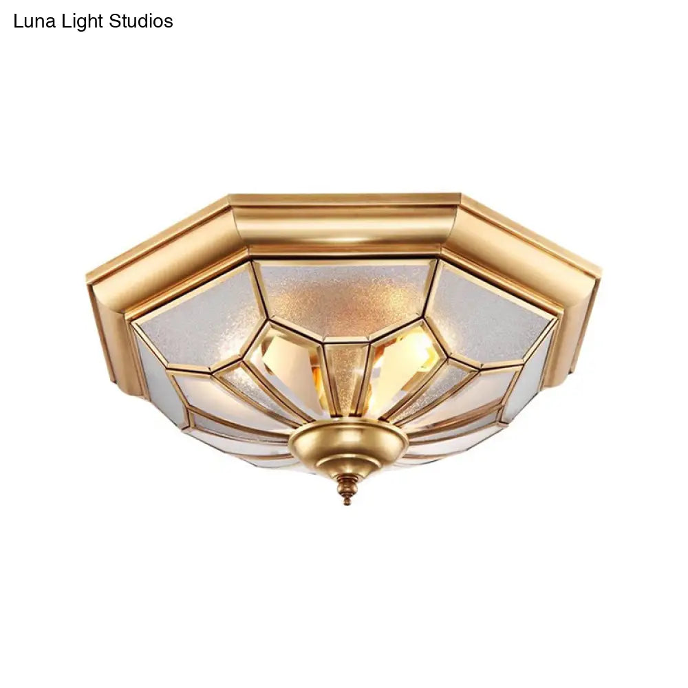 Colonial Brass Seeded Glass Flush Light Fixture For Bedroom - 3 - Bulb Ceiling Mount