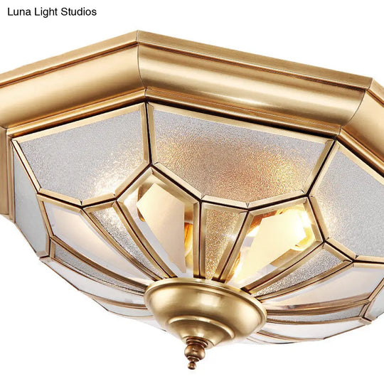 Colonial Brass Seeded Glass Flush Light Fixture For Bedroom - 3-Bulb Ceiling Mount