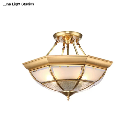 Colonial Brass Semi-Flush Ceiling Light With Curved Frosted Glass Dome - 4 Lights | 14/16 Wide Ideal