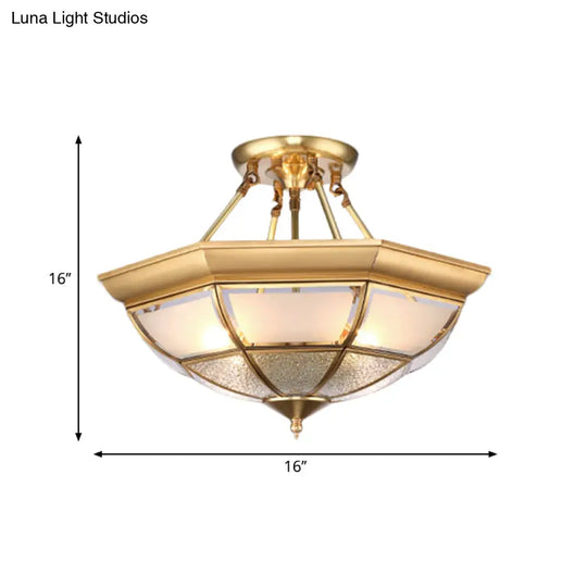 Colonial Brass Semi - Flush Ceiling Light With Curved Frosted Glass Dome - 4 Lights | 14’/16’