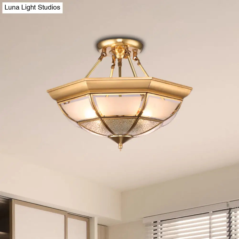 Colonial Brass Semi-Flush Ceiling Light With Curved Frosted Glass Dome - 4 Lights | 14/16 Wide Ideal
