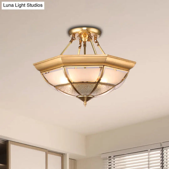 Colonial Brass Semi-Flush Ceiling Light With Curved Frosted Glass Dome - 4 Lights | 14/16 Wide Ideal
