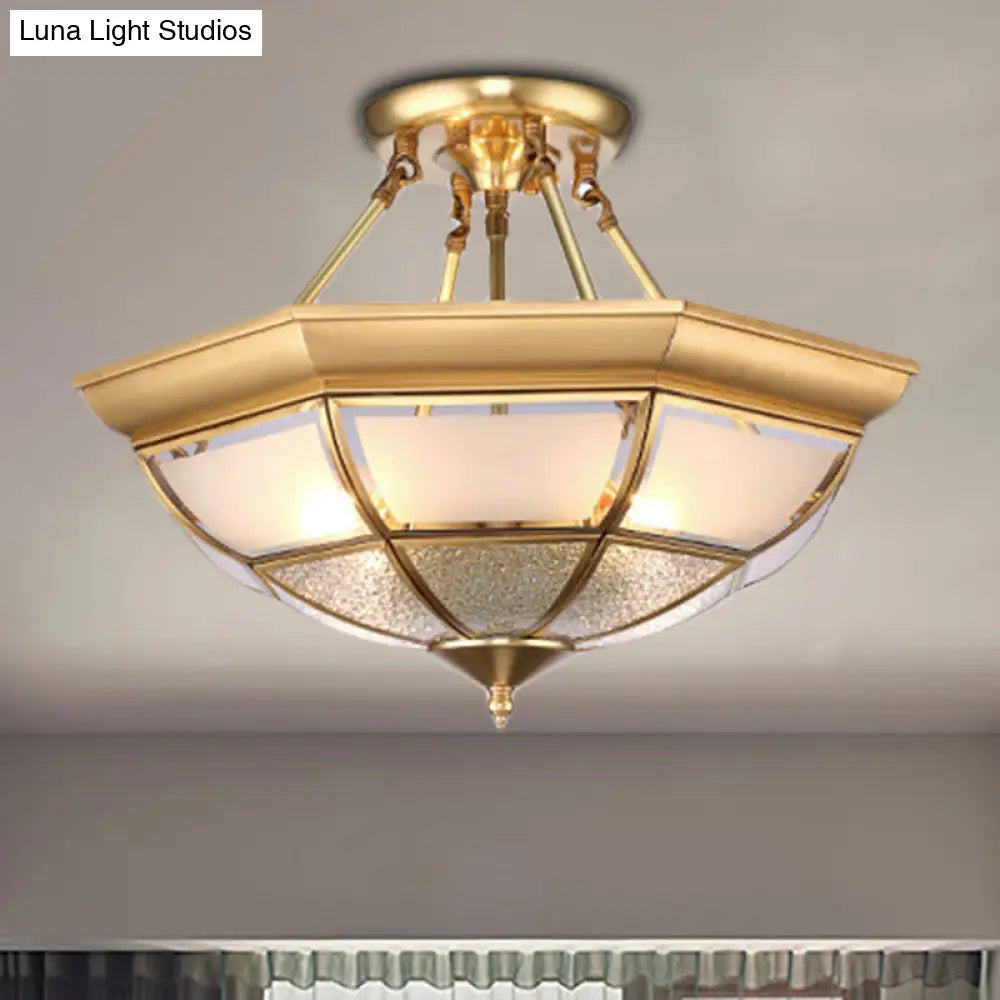 Colonial Brass Semi-Flush Ceiling Light With Curved Frosted Glass Dome - 4 Lights | 14/16 Wide Ideal