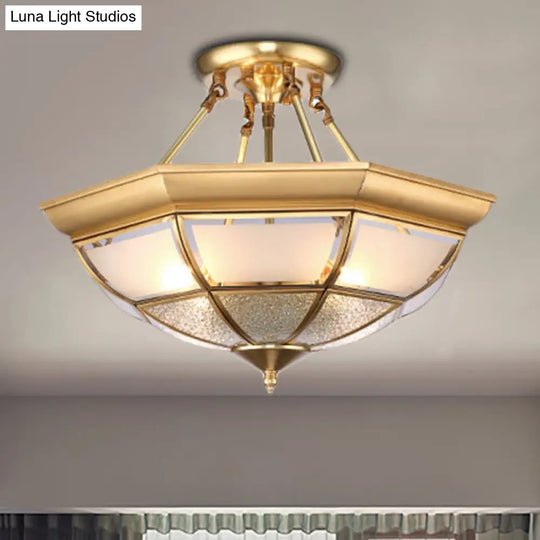 Colonial Brass Semi-Flush Ceiling Light With Curved Frosted Glass Dome - 4 Lights | 14/16 Wide Ideal