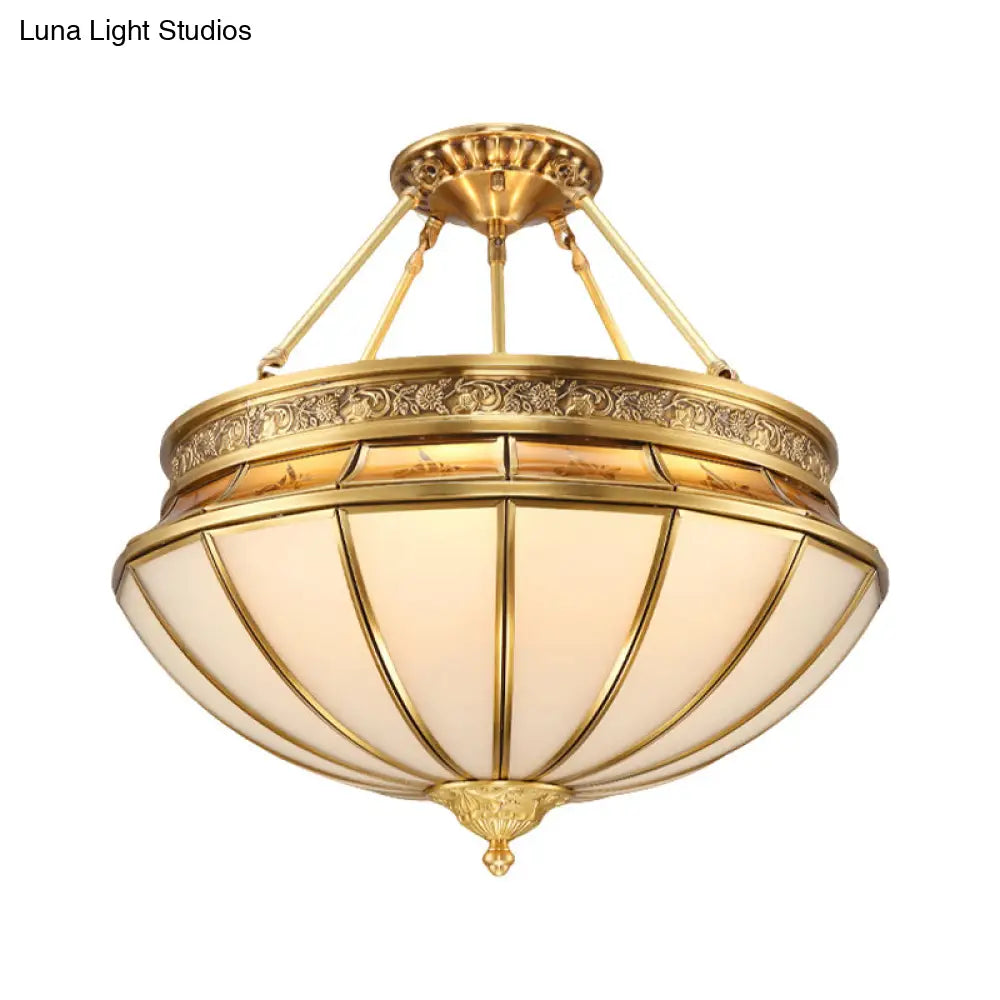 Colonial Brass Semi - Flush Mount With Inverted Frosted Glass For Living Room - 4 Lights