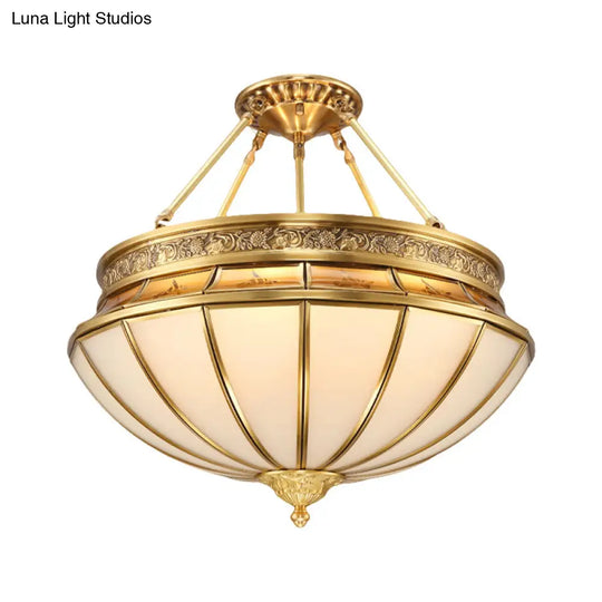 Colonial Brass Semi - Flush Mount With Inverted Frosted Glass For Living Room - 4 Lights