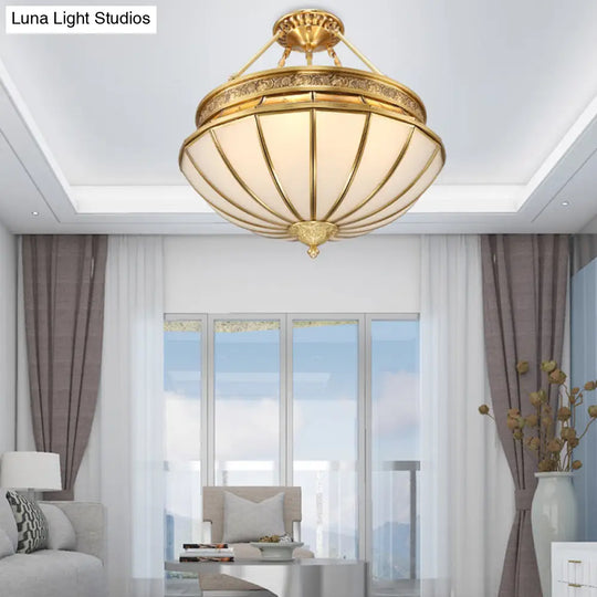 Colonial Brass Semi - Flush Mount With Inverted Frosted Glass For Living Room - 4 Lights