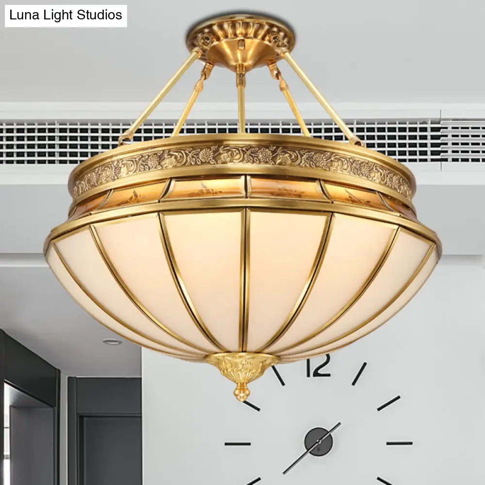 Colonial Brass Semi-Flush Mount With Inverted Frosted Glass For Living Room - 4 Lights