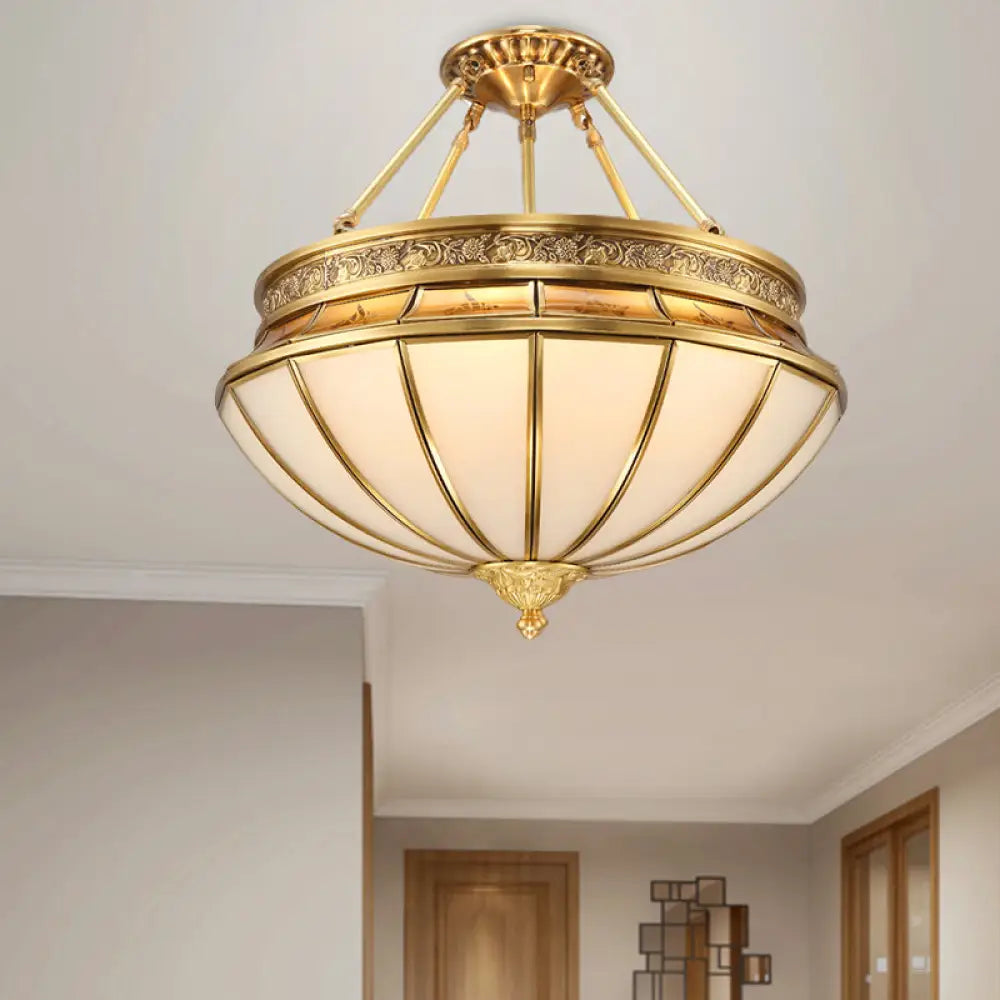 Colonial Brass Semi - Flush Mount With Inverted Frosted Glass For Living Room - 4 Lights