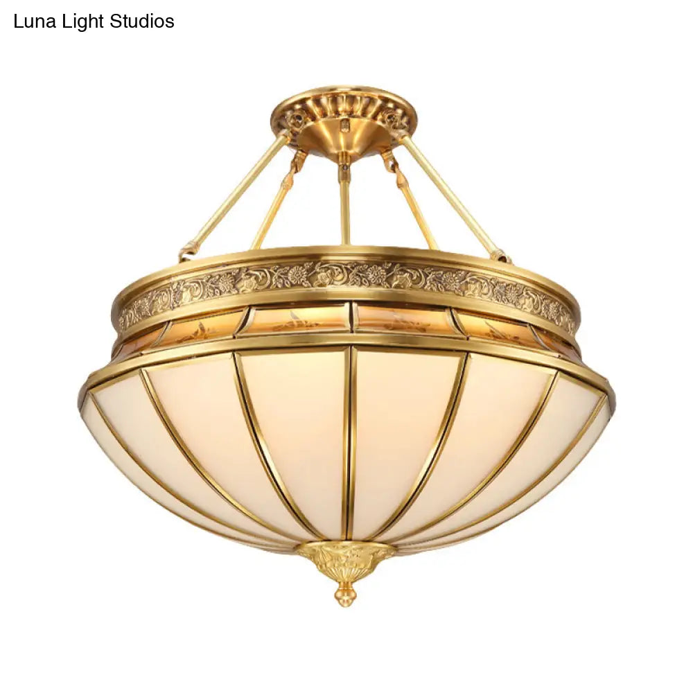 Colonial Brass Semi-Flush Mount With Inverted Frosted Glass For Living Room - 4 Lights