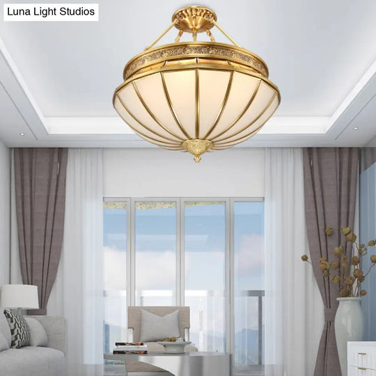 Colonial Brass Semi-Flush Mount With Inverted Frosted Glass For Living Room - 4 Lights