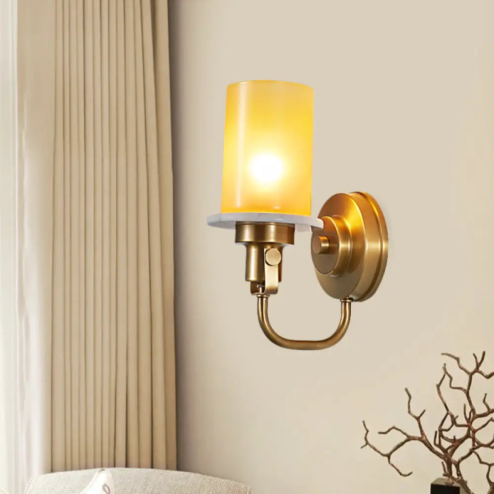 Colonial Brass Wall Sconce With Yellow Glass - Cylinder Style 1 Head