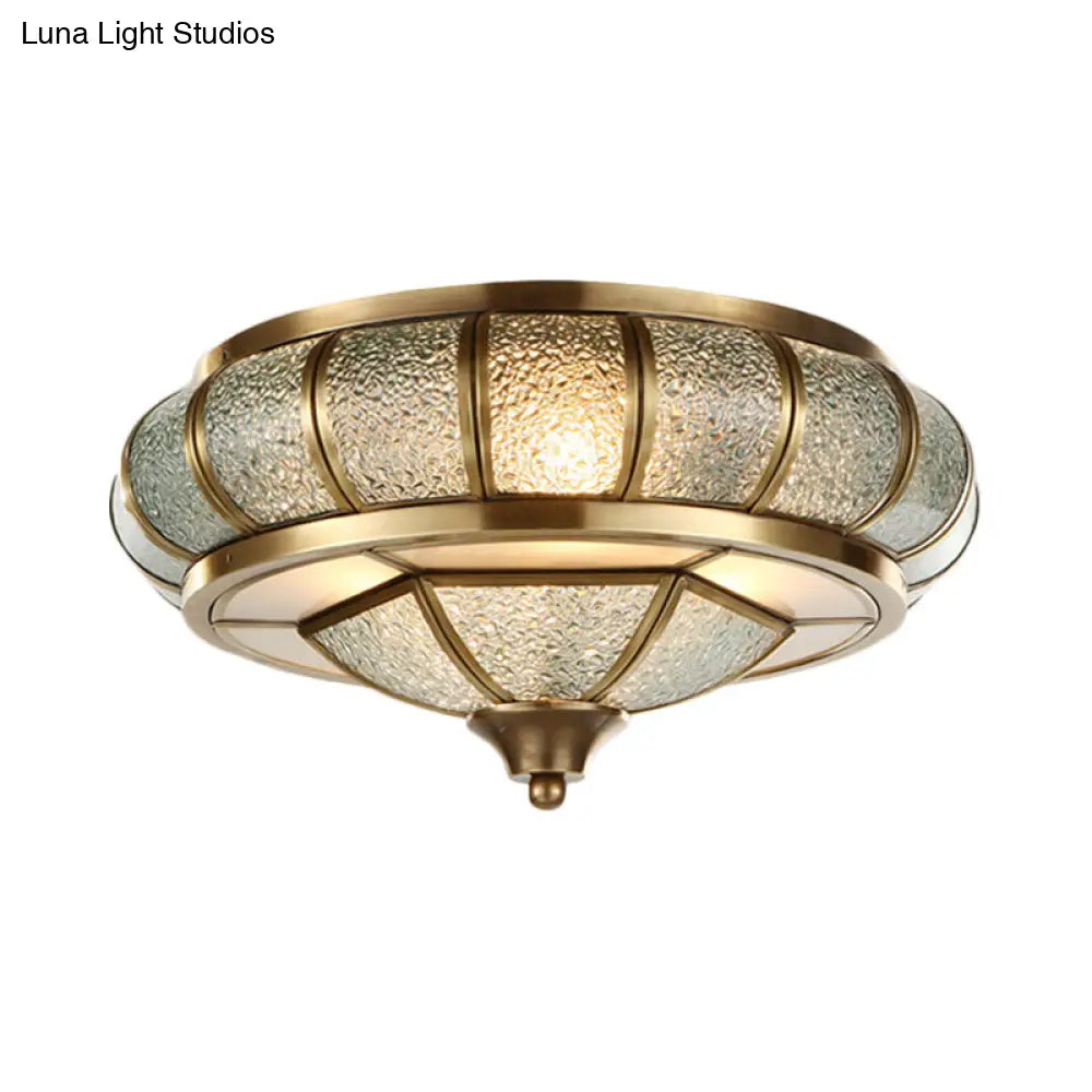 Colonial Bubble Glass Flush Mount Ceiling Light With Elliptical Design - Brass Finish 3/4 Bulbs