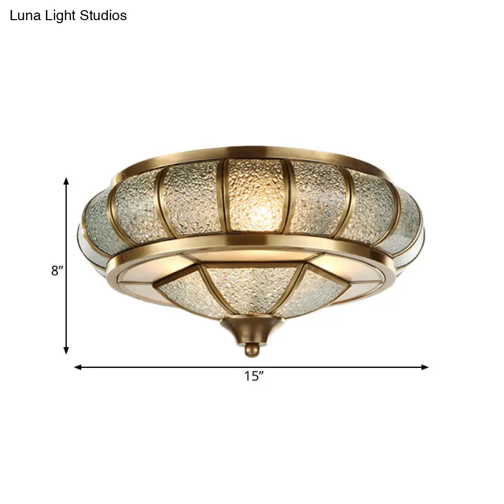 Colonial Bubble Glass Flush Mount Ceiling Light With Elliptical Design - Brass Finish 3/4 Bulbs