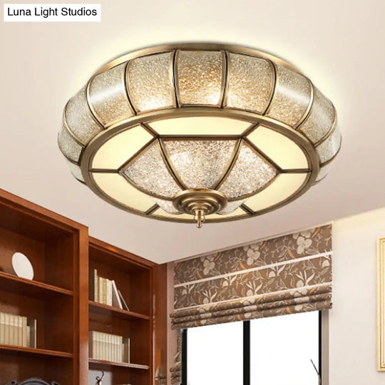 Colonial Bubble Glass Flush Mount Ceiling Light With Elliptical Design - Brass Finish 3/4 Bulbs