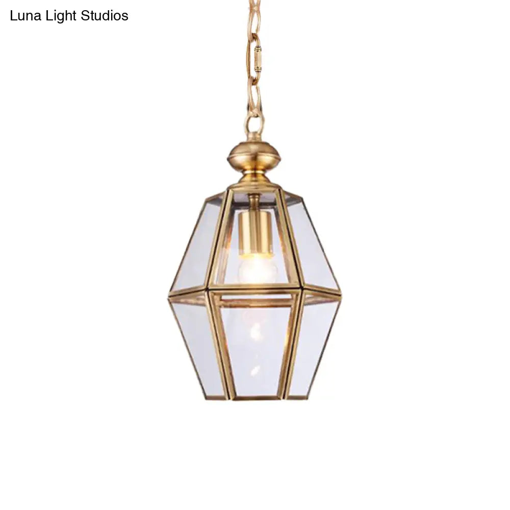 Colonial Ceiling Pendant Lamp With Geometric Glass Shade For Living Room