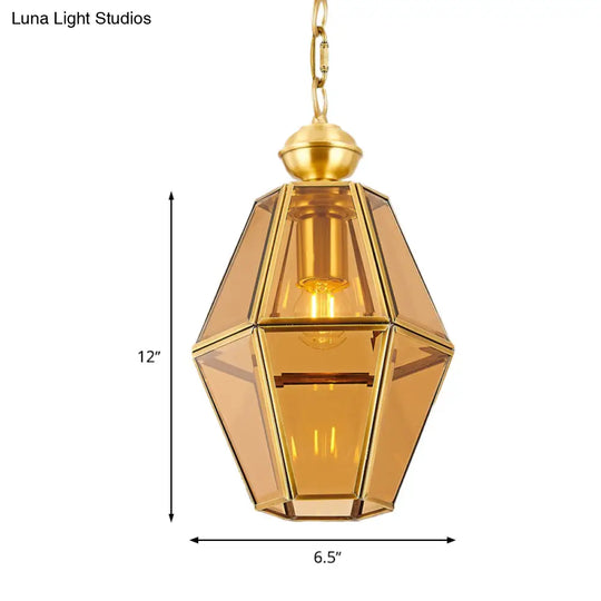 Colonial Ceiling Pendant Lamp With Geometric Glass Shade For Living Room