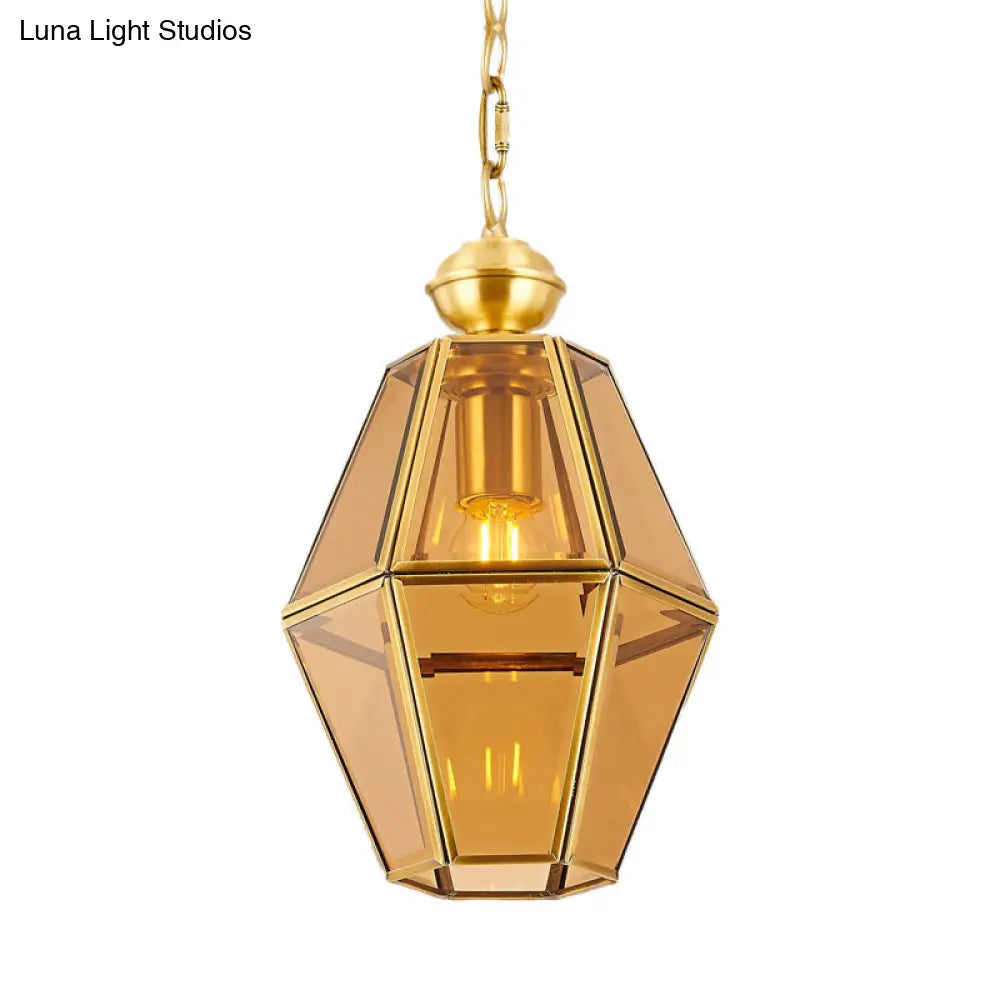 Colonial Ceiling Pendant Lamp With Geometric Glass Shade For Living Room