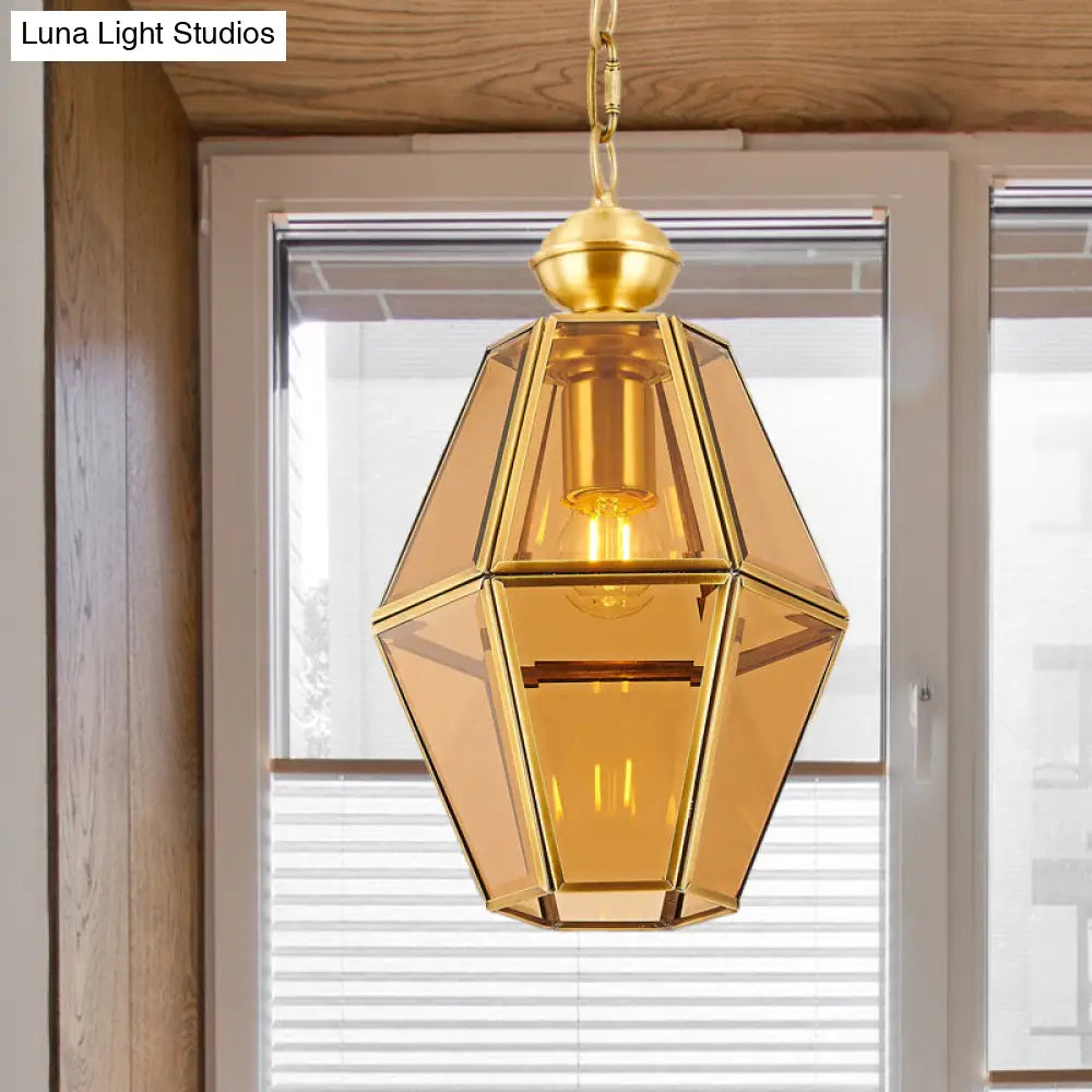 Colonial Ceiling Pendant Lamp With Geometric Glass Shade For Living Room