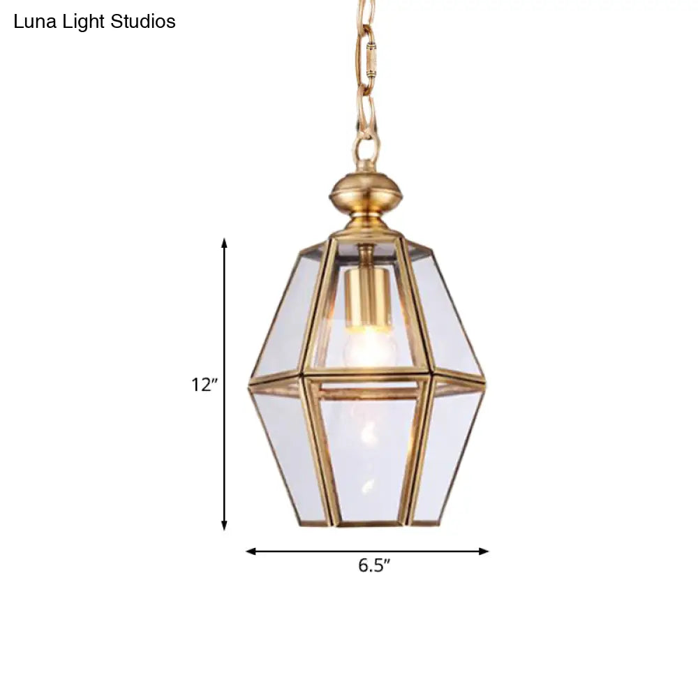 Colonial Ceiling Pendant Lamp With Geometric Glass Shade For Living Room