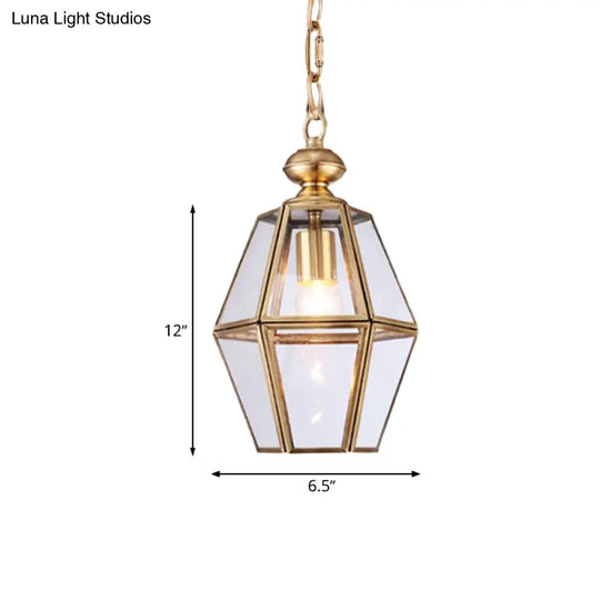 Colonial Ceiling Pendant Lamp With Geometric Glass Shade For Living Room