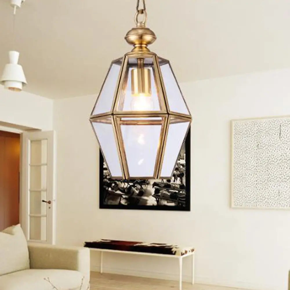 Colonial Ceiling Pendant Lamp With Geometric Glass Shade For Living Room Clear